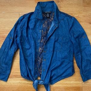 Women's Sexy Cropped Tie Front Denim Jean Button Down with Lace Back Crop Top